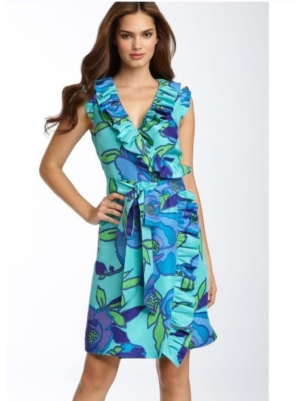 KATE SPADE AUBREY WRAP DRESS 100% SILK SHELL FLORAL FLOWER PRINT BLUE #C